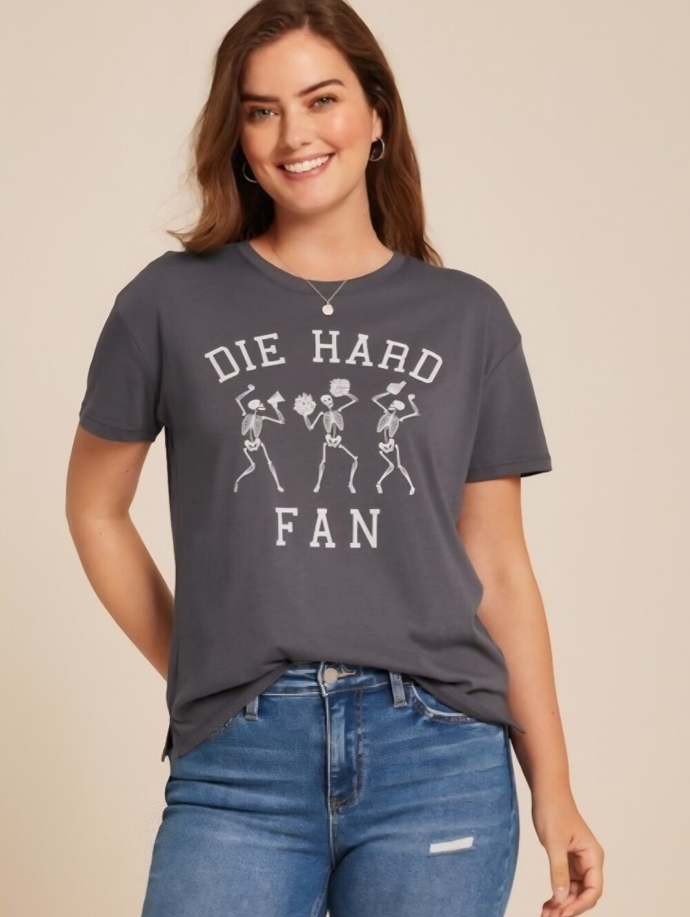 Maurices "Die Hard Fan" Grey Graphic Tee Women's Small T-Shirt Skeletons Sports
